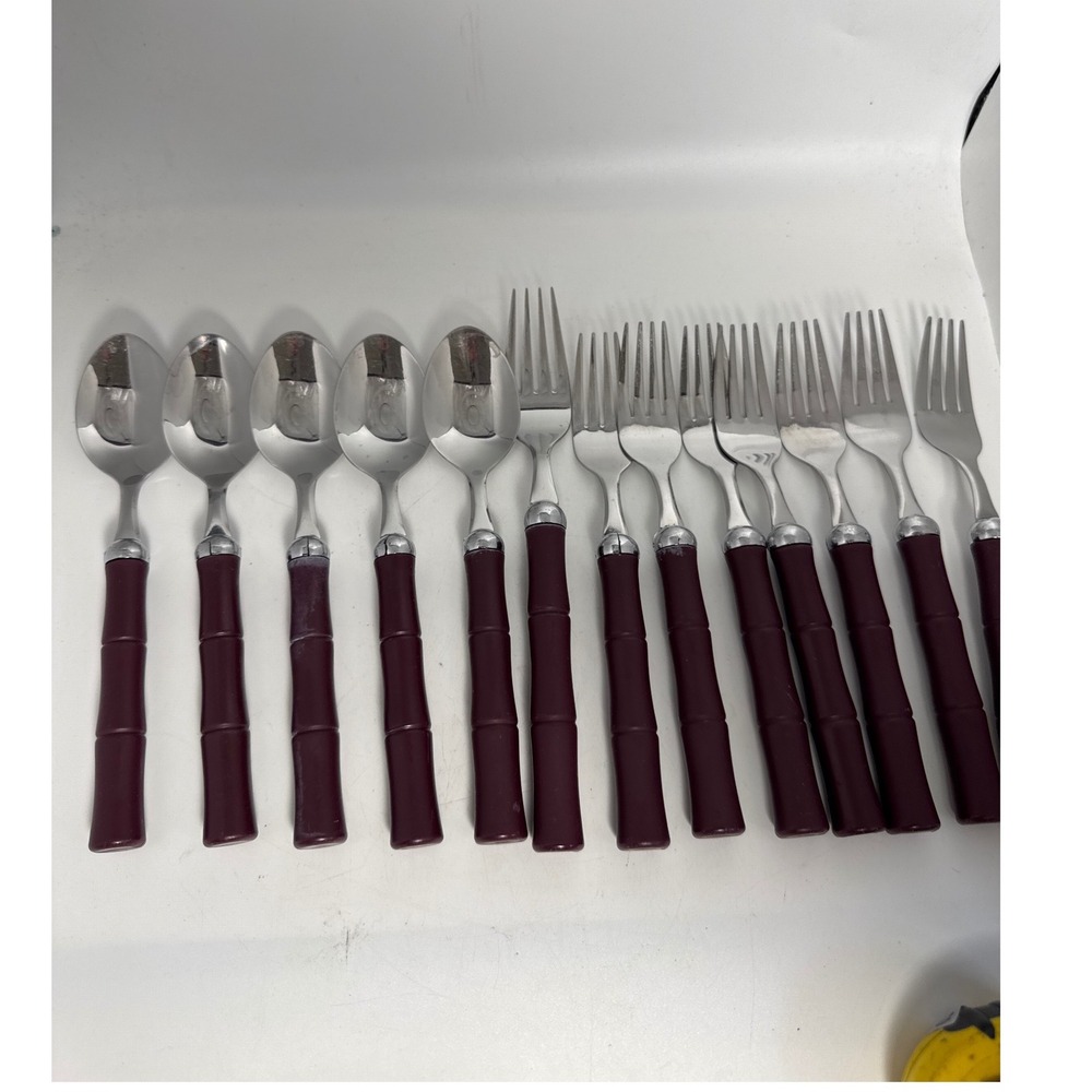 Hampton Silversmiths Flatware 13pc Set Burgundy‎ Faux Bamboo Stainless Steel